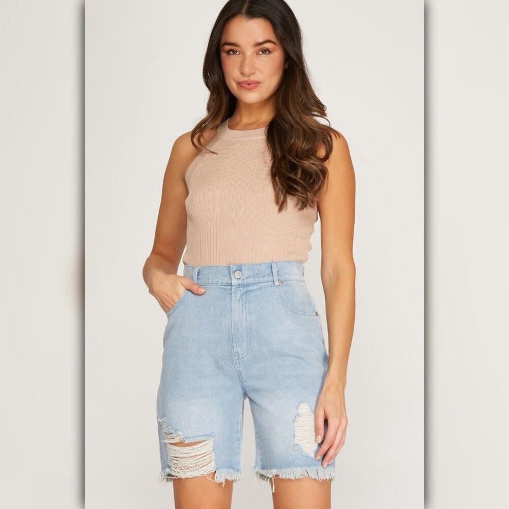 A502 • Light Wash Distressed Bermuda Denim Shorts